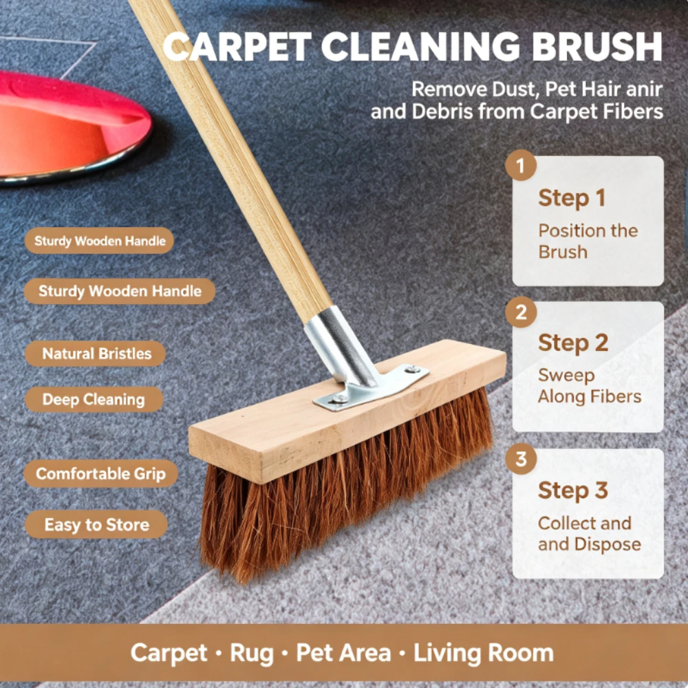 Durable Metal Wire Yard Broom, Rigid Long Handle Large Outdoor Sweeping Brush for Garden Patio Surface Cleaning