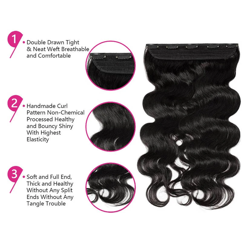 3/4 Full Head Body Wave Clip In Hair Extensions 16-26 Inch One Piece Clip In Human Hair Extensions Natural Color Clip Ins 120G