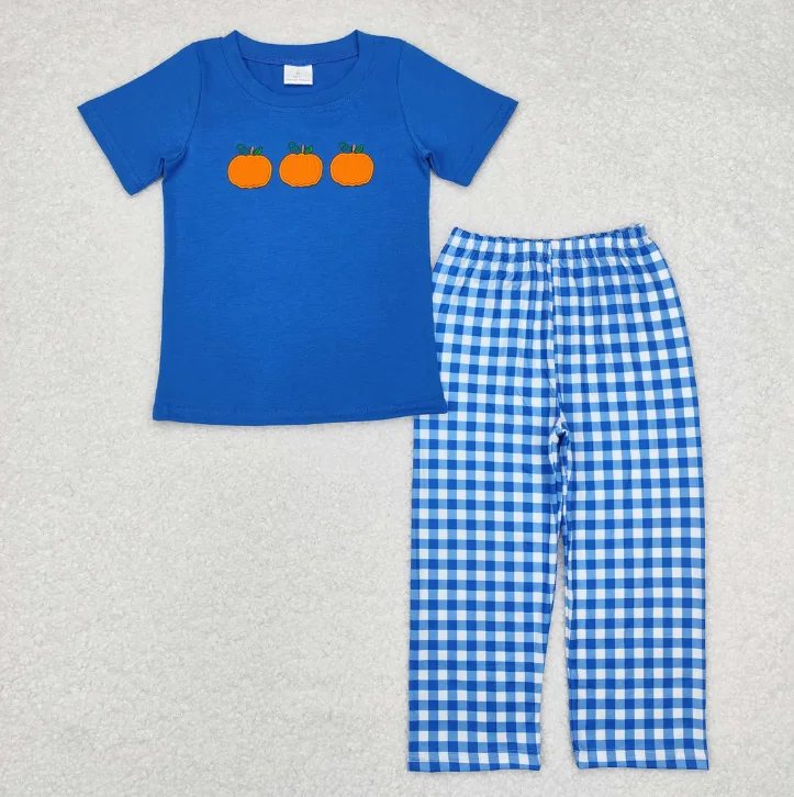 

Baby Boys Clothes Short Sleeve Top Shirts Pants Sets Kids Fall Orange Pumpkin Embroidery Toddler Boys Outfit Clothes