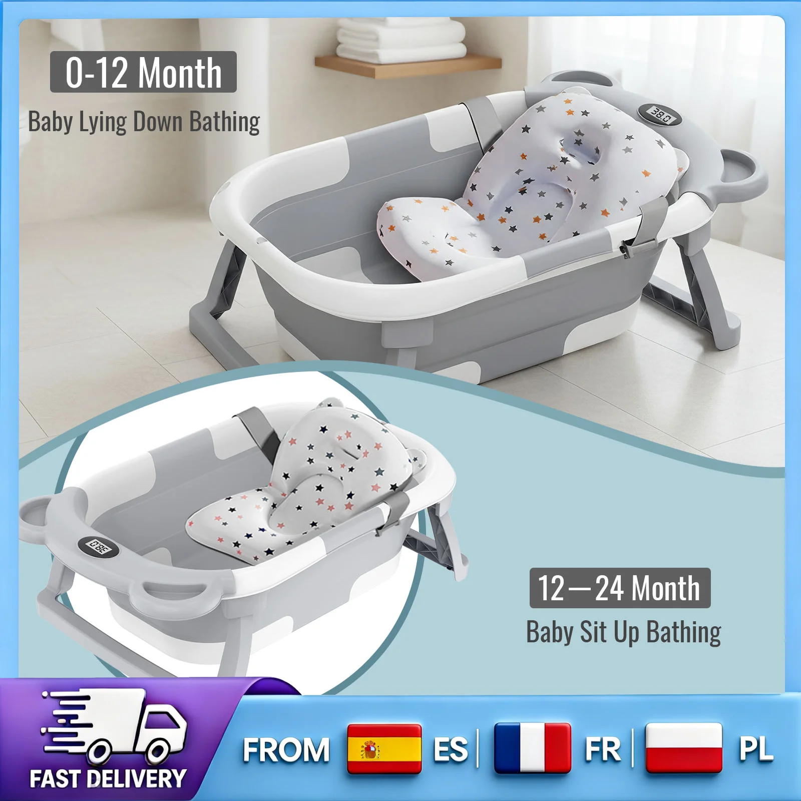 Baignoire pliable pour bébé avec thermomètre intégré, matériau sûr en PP et TPE, baignoire antidérapante pour bébé, pour la maison et les voyages