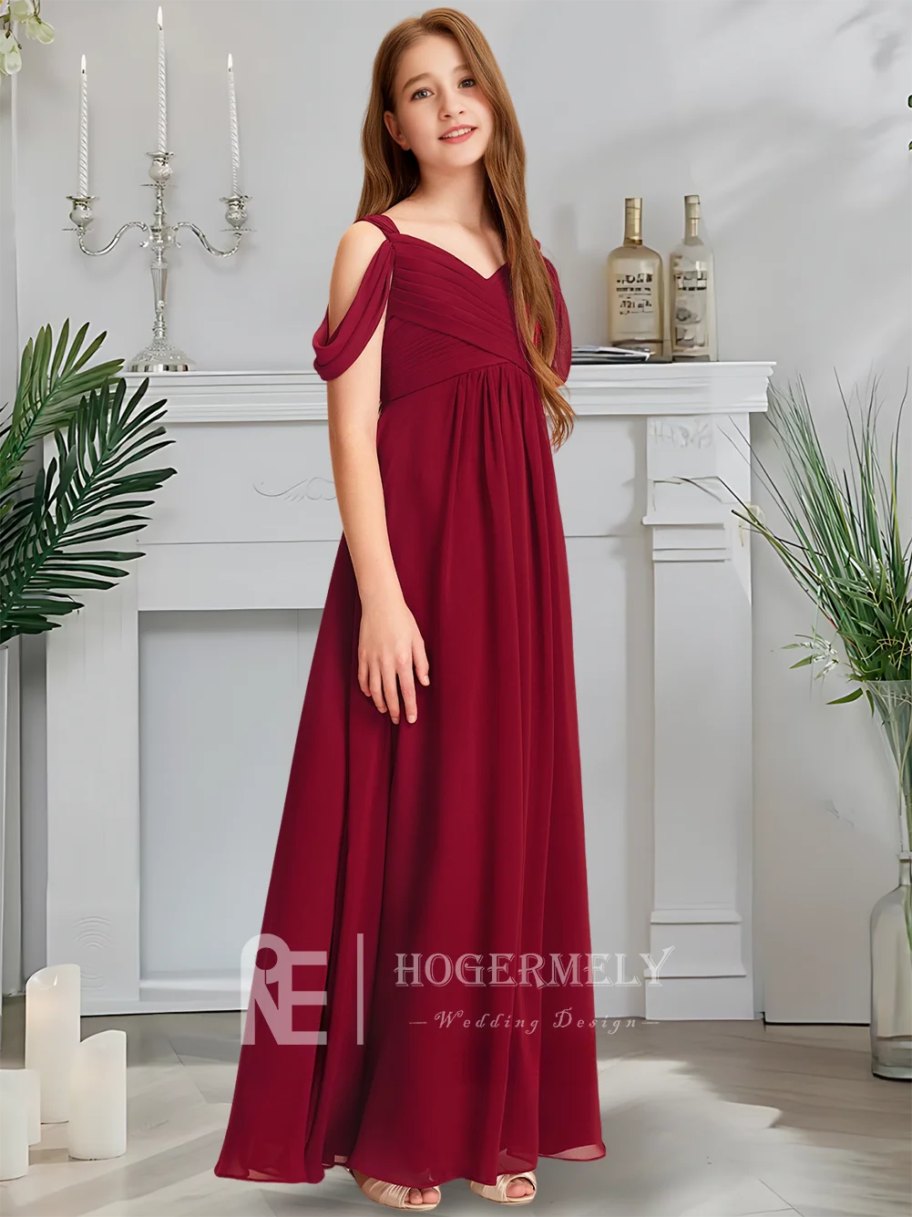 

B Luxurious Cold Shoulder Junior Bridesmaid Dress Royal Crimson Flower Girl Dress Floor-Length Chiffon Cascading Ruffles Wedding