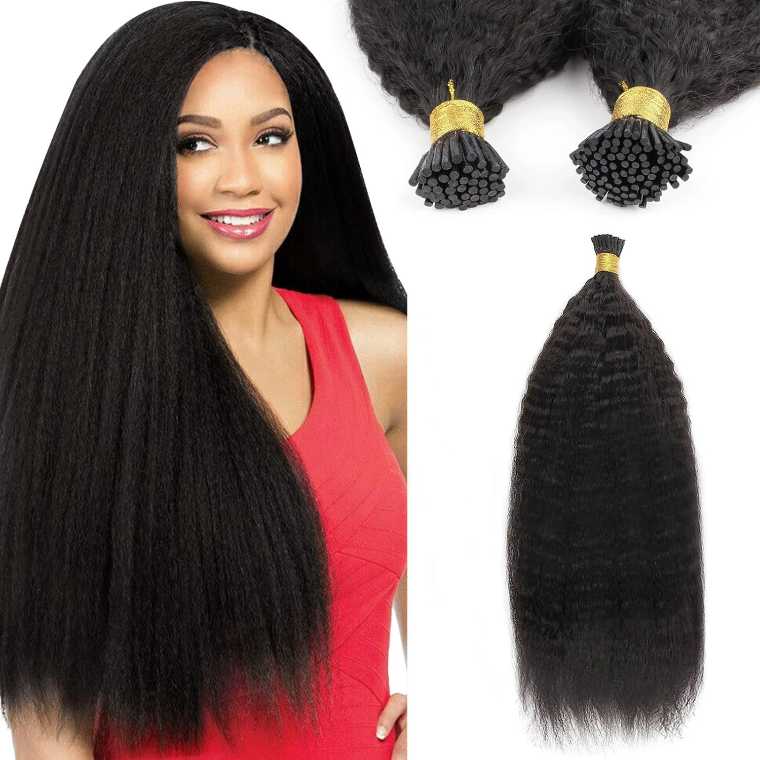 

Kinky Straight I Tips Human Hair Extensions Natural Black #1B Colour Brazilian Virgin 100% Real Human Hair 50 Strands 50G/Pack