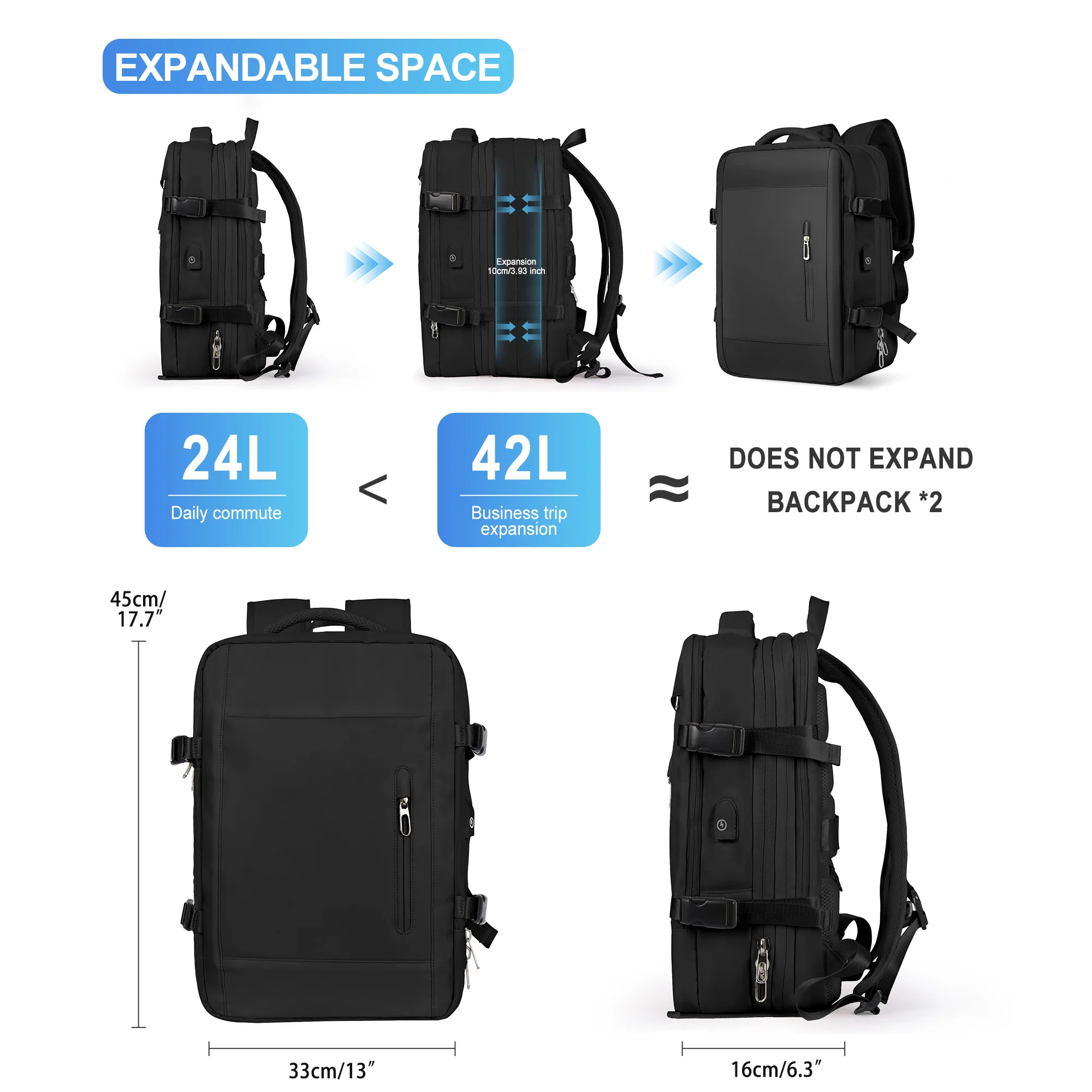 Travel Backpack for Men, Expandable Laptop Backpack with USB Port, Large Waterproof Anti Theft Business Computer Bag for Women