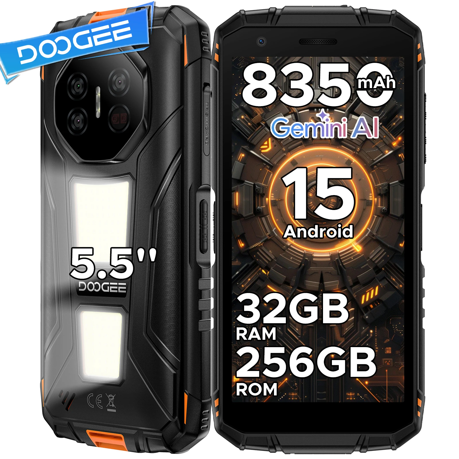 Téléphone robuste DOOGEE Fire 3 Max, écran HD+ IPS de 5,5 pouces, 32 Go (8+24) + 256 Go, Android 15, batterie 8350 mAh, 48 MP, lampe de camping 1200 LM, NFC