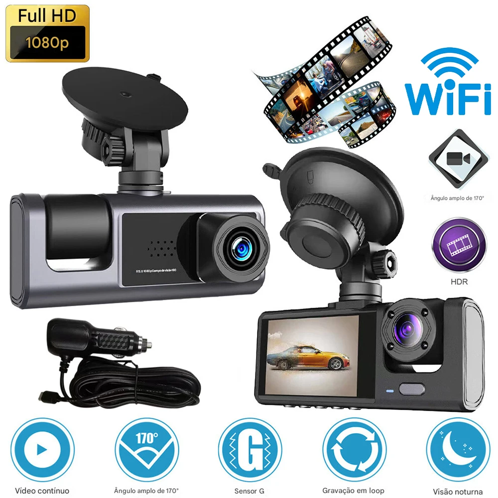 Câmera de Carro Dupla 1080P Dianteira e Traseira com Conexão Wi-Fi, Gravação em HD para Segurança Veicular