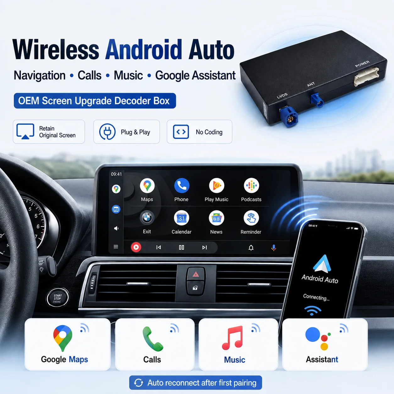 Kit di retrofit AUTOTOP per CarPlay wireless e Android Auto per BMW CIC NBT iDrive Serie 1 Serie 3 Serie 5 X1 X3 X4 X5 F20 F21 F30 F31 F34 F10 F11 F25 F26 F15 F48 E84, aggiornamento display di