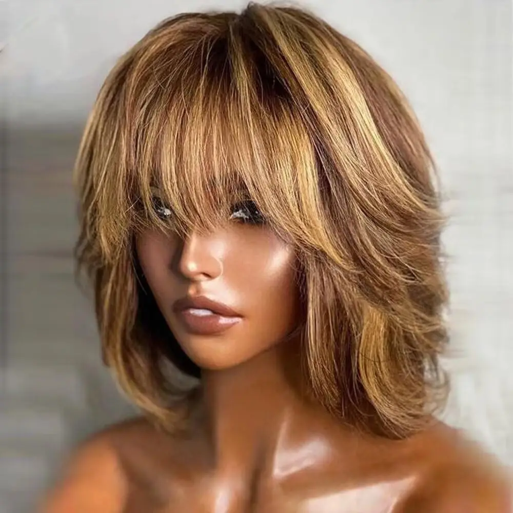 Bob Cut Short Wavy Hair With Bangs Lace Front Wig Honey Blonde Highlight Straight Human Hair Short Bob Layered Cut Wig With Bang