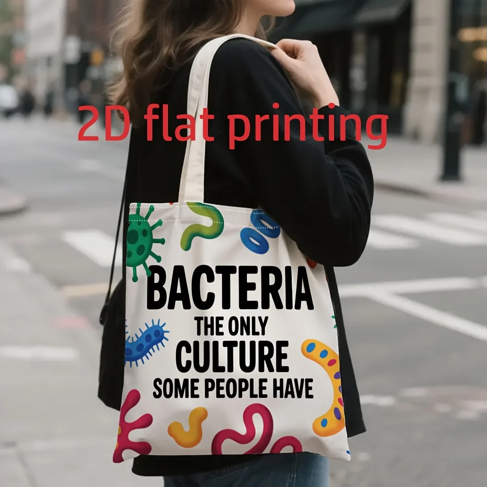 1 Piece of a Fun Biology-Themed Canvas Shoulder Bag with Vibrant Images of Bacteria, Viruses, and Microorganisms, Lightweight Foldable Storage Tote Bag with Fixed Shoulder Strap, Reusable Shopping Bag, Perfect Gift for Commuting, Traveling, Shopping, School, and Holidays