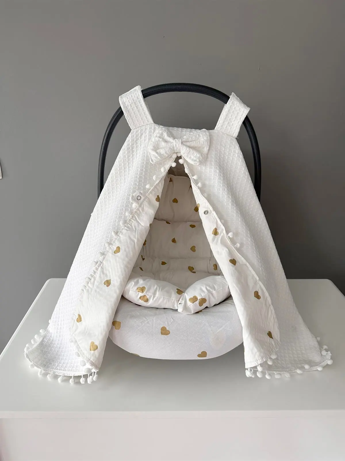 Handmade Cream Waffle Fabric Organic Stroller Cover and Cushion