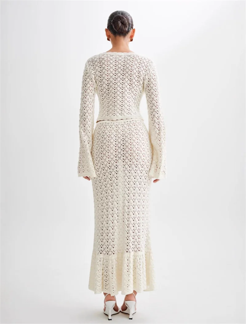 2 pezzi abito in maglia con balza da spiaggia top corto sexy a maniche lunghe e gonna a vita alta avvolgente da salone copricostume bikini all'uncinetto cavo da donna