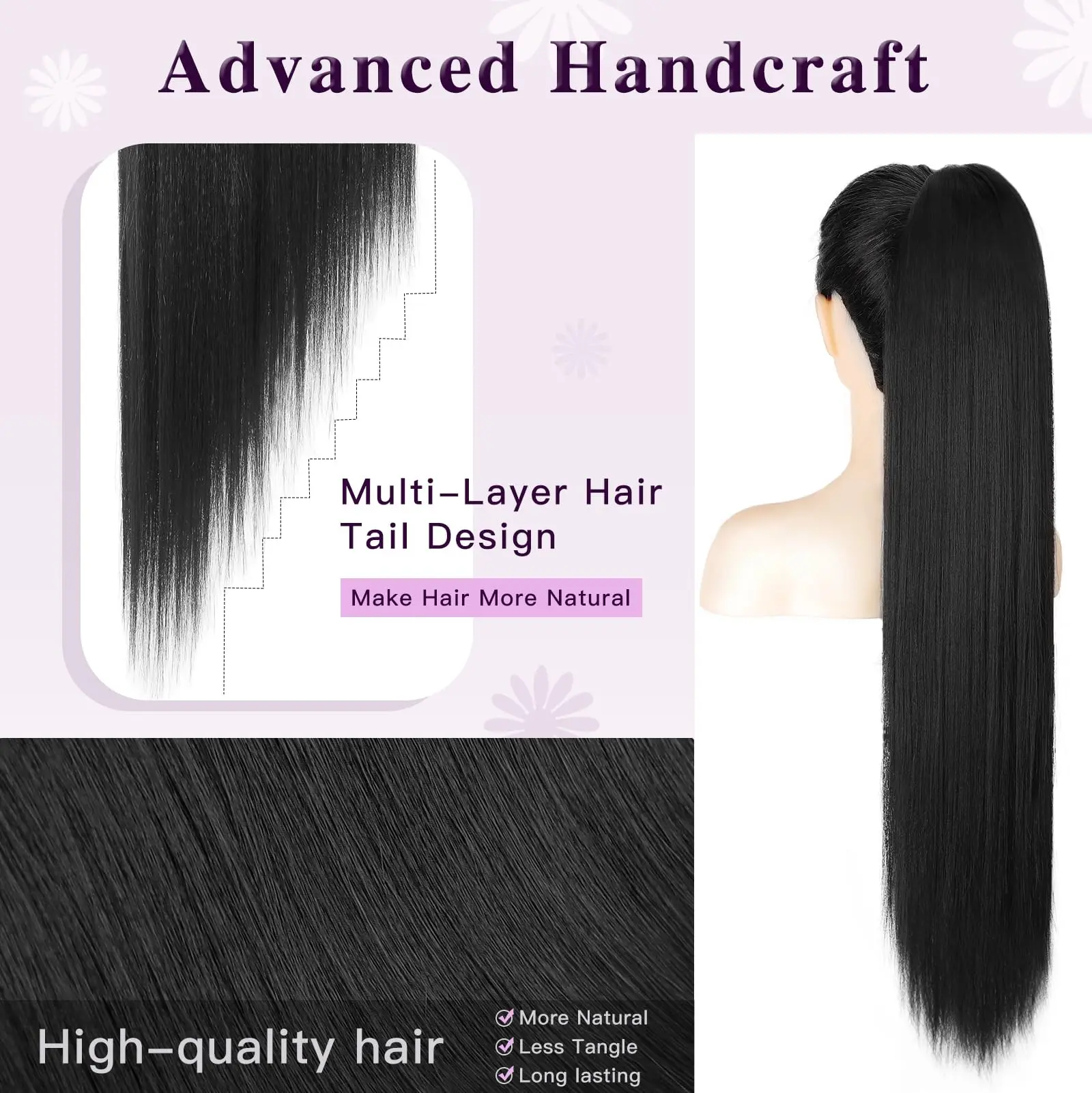 스트레이트 드로스트링 포니테일 익스텐션 브라질리언 버진 인모 익스텐션 인모 포니테일 # 1B 내추럴 블랙 컬러