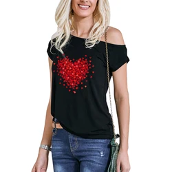 XUANSHOW  Classical Love Heart Print Woman Slim Skinny Slant Shoulder T Shirts Clothes for Costume