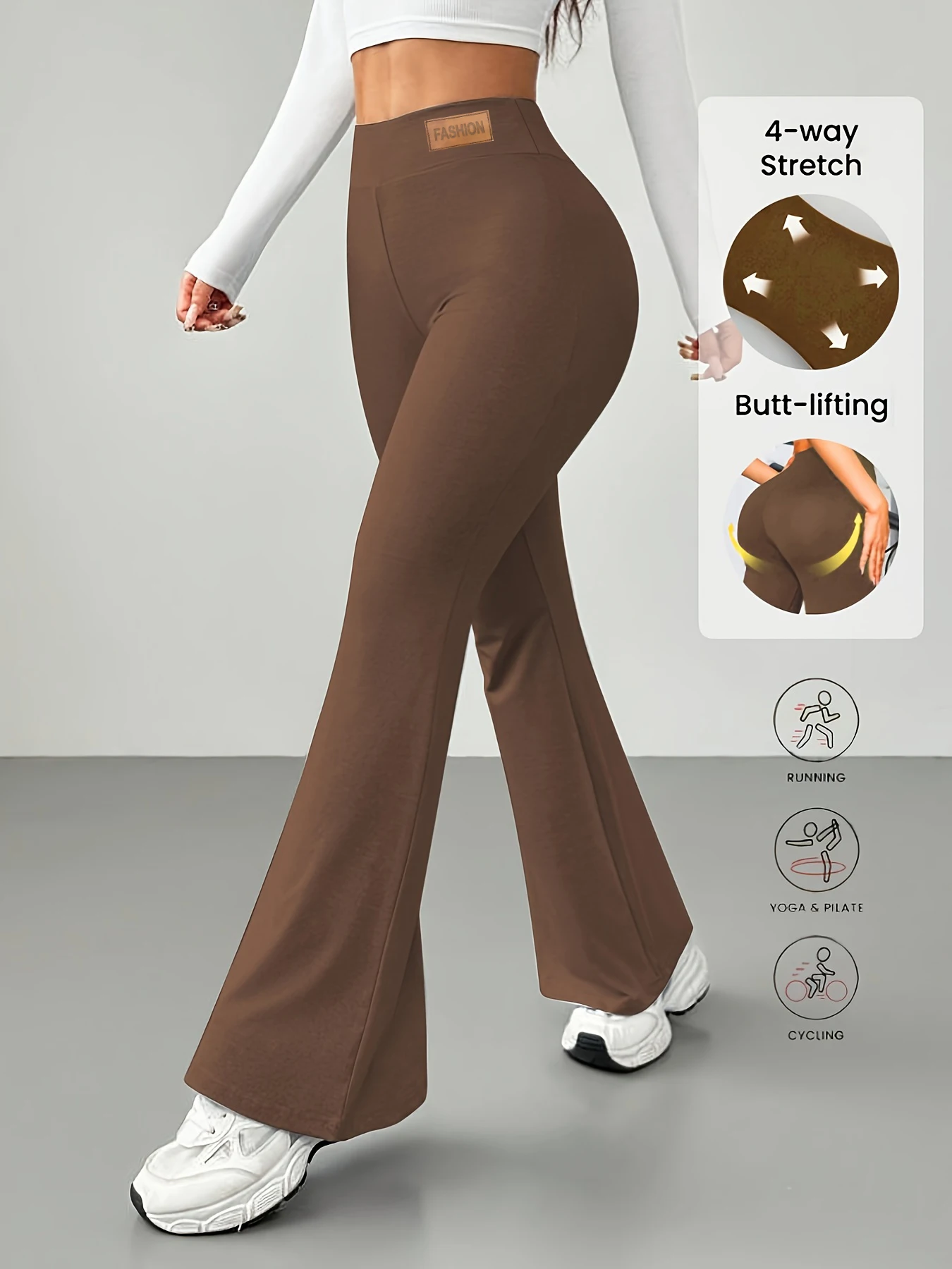 

Женские весенние новые коричневые брюки-клеш, стрейч с высокой талией, украшение тела, модные брюки