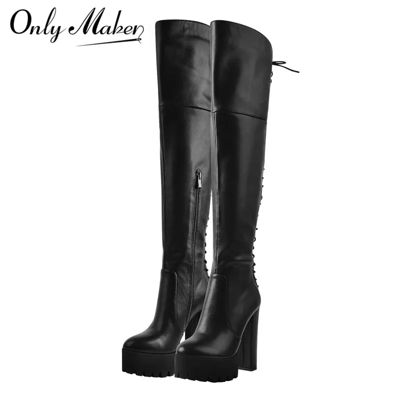 Onlymaker Platform Over The Knee Boots Women  Black Matte Chunky High Heel Side Zipper Plus Size Party Dress Winter Boots Shoes