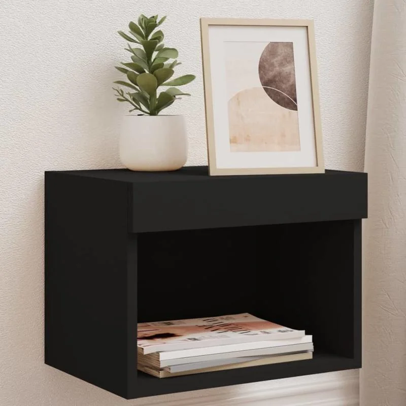 Mesita de noche negra de pared de 40 × 30 × 30 cm con iluminación de 2 piezas, práctico mueble de pared para dormitorio y sala de estar