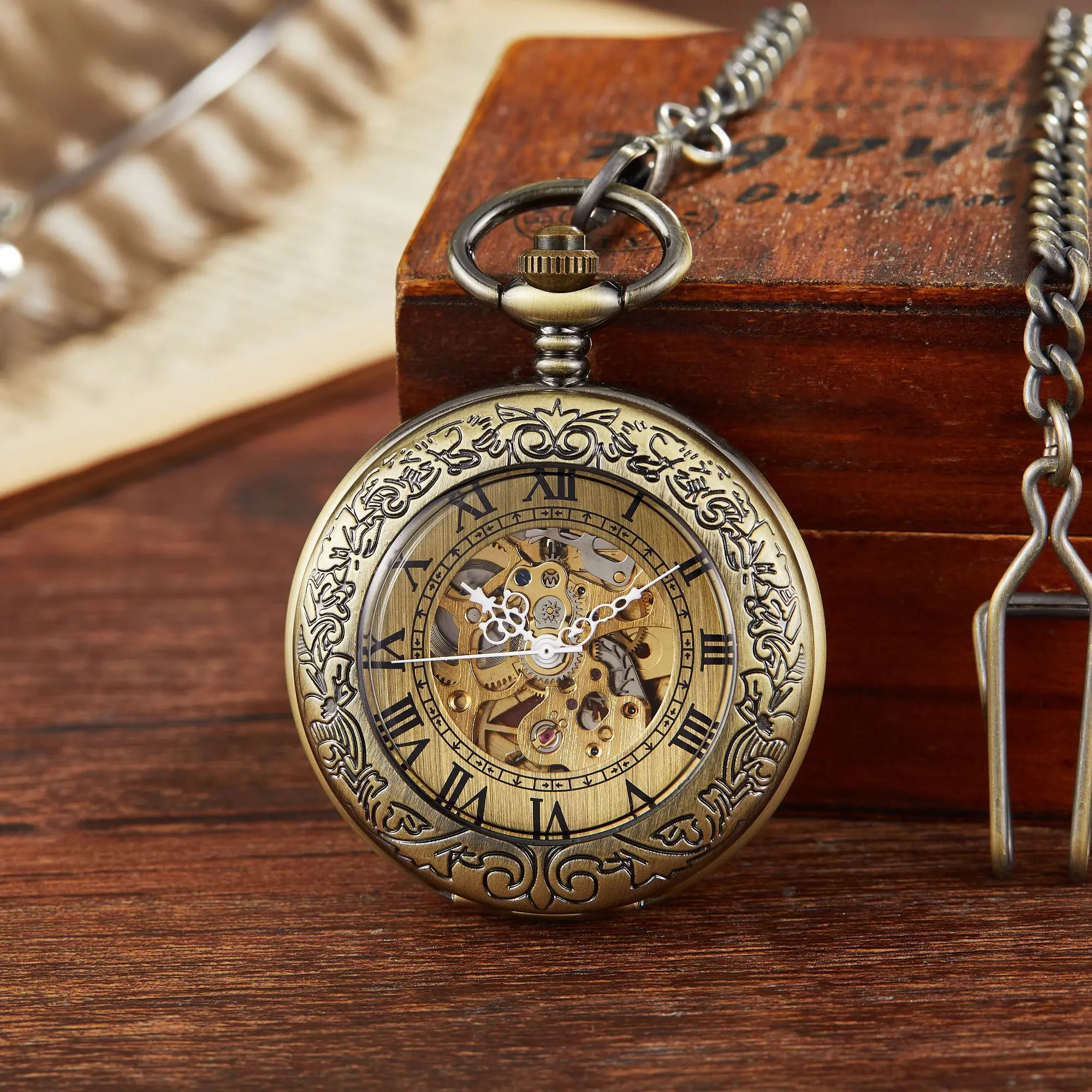 Antique Brozne Transparent Gear Skeleton Mechanical Automatic Self-wind Pocket Watch Retro Pendant Fob Watches Relogio De Bolso