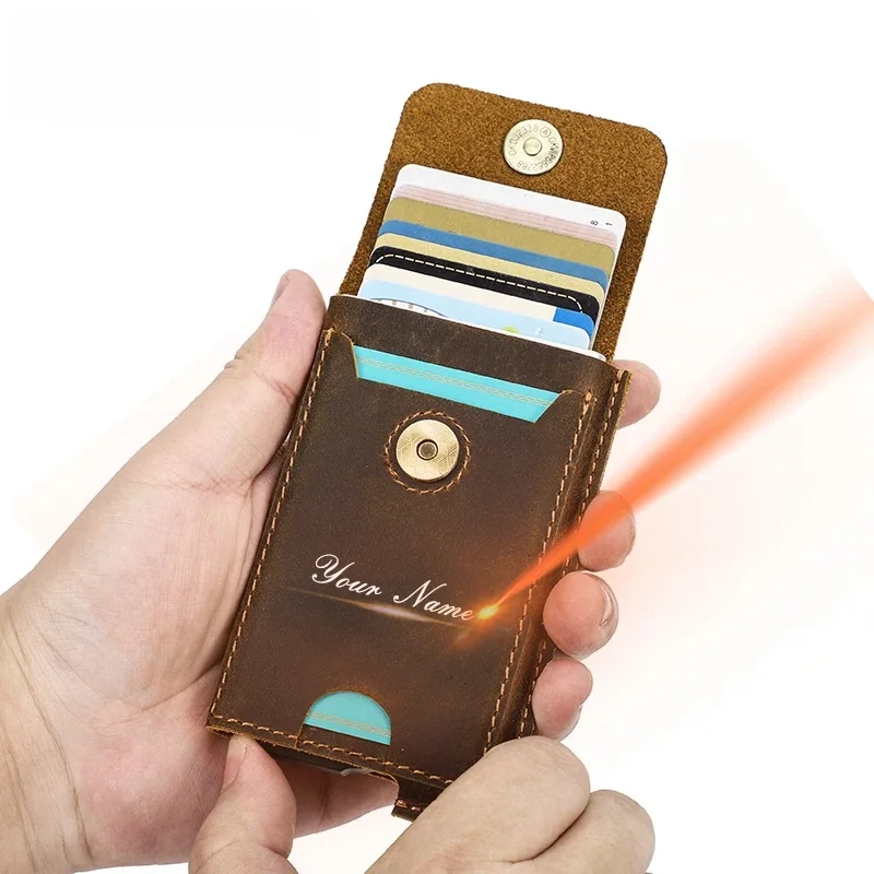 Etui do kart kredytowych dla mężczyzn aluminiowe pudełko prawdziwy skórzany wąski portfel klapa projekt RFID antykradzieżowe karty ochronne Case Smart torebka — zdjęcie 2