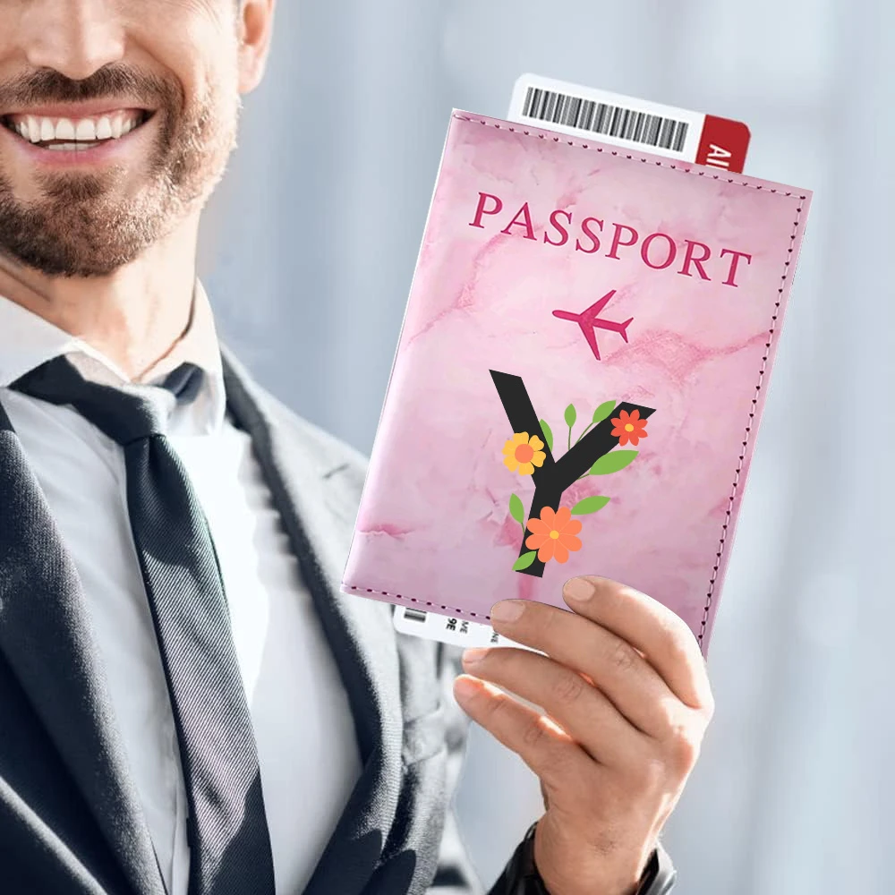 Elegant Floral Custom Text Passport Cover 26 Alphabet Unisex Wallet For Vacation Daily Business Birthday Holiday Gift