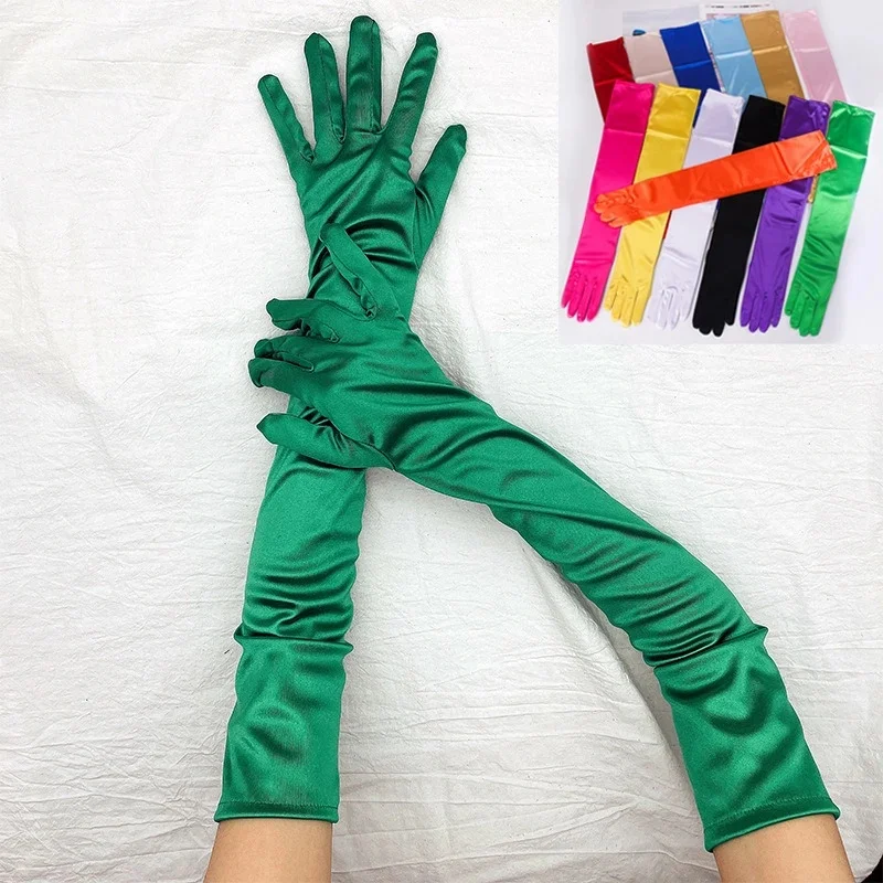 Gants évasés longs en satin pour femme, costume assressenti, opéra, coude, poignet, doigt commandé, noir, blanc, peau rouge, adulte, 1 paire