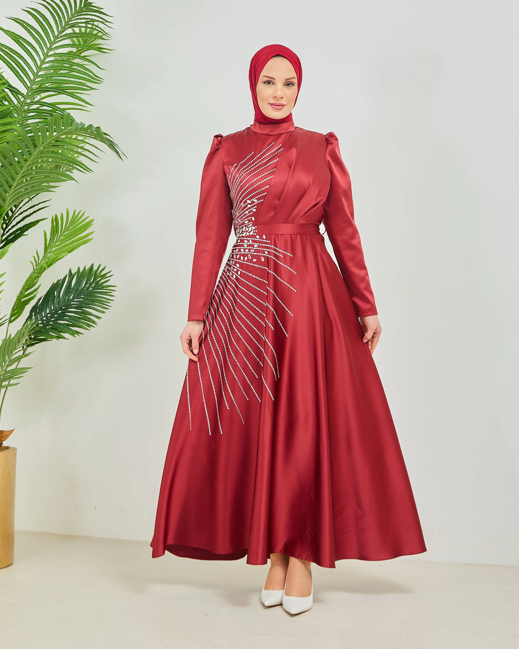 Muslim Fashion Islamic Clothing Evening Dress Women O-neck Long Sleeve Embroidery Print