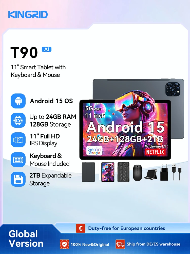 KINGRID T90 Android 15 Tablet-PC mit BT-Tastatur, Maus - Gemini AI, 24GB (8+16) RAM 128GB ROM, Octa Core T615, Gaming-Tablet 11 Zoll Tablet Android