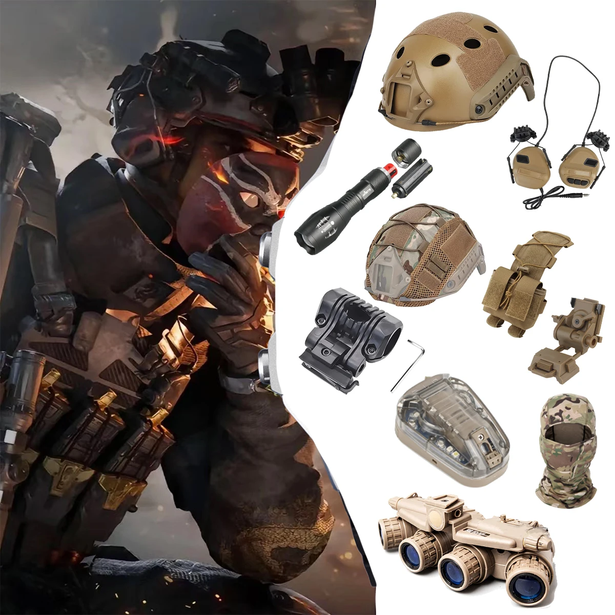 Tactical Airsoft Helmet Set Full Face Protective Equip With Earphones Signal Light NVG Model Battery Pouch for CS Field Game