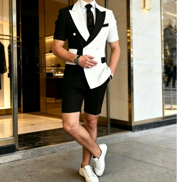 Summer New Design Patchwork Men Suit Sets 2 Piecs Fashion Short Sleeves Blazer Shorts Pants Daily Beach Wedding Party Prom Suit