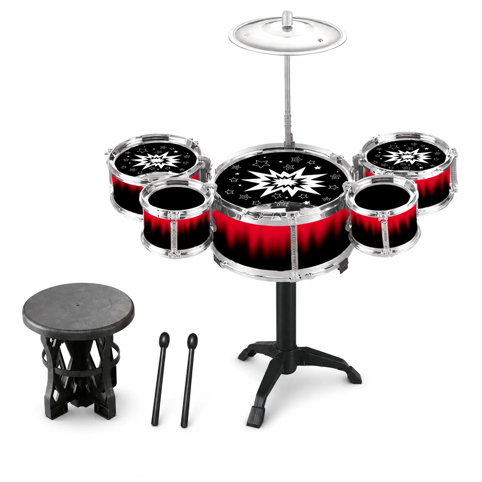 Beginners kinder jazz drumstel met bekken, drumstokken en krukje, muzikaal percussie-instrument, cadeau