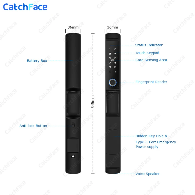 Cactchface TTLock APP Waterproof Fingerprint RFID Card Password Keyless Electronic Smart Door Lock Aluminum/Glass Alexa/Google