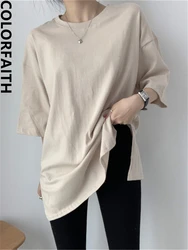 Colorfaith New 2022 Solid Oversized Bottoming Half Sleeve Wild Minimalist Women Spring Summer T-shirts Split Midi Tops T1201