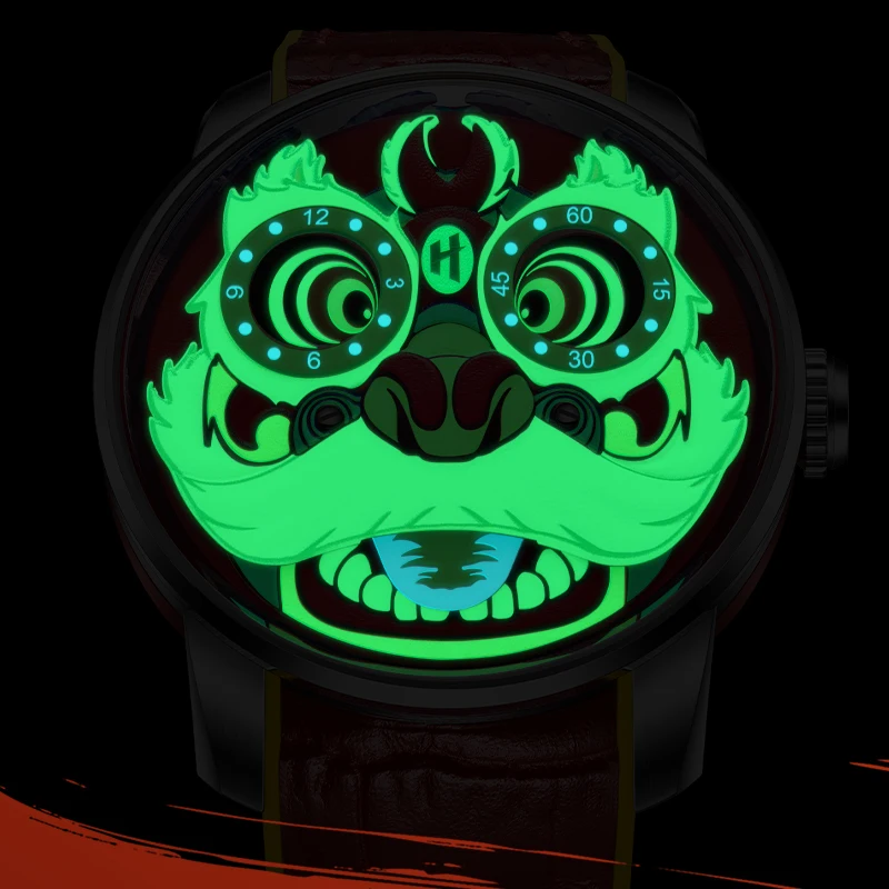 Lucky Harvey Lion Dance Man Watches Automatic Mechanical Super Luminous Dynamic Puppet Dial Sapphire Mirror Luxury Men's Watch