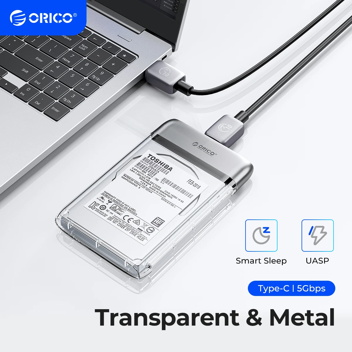 ORICO 2.5 inch Transparent Type-C Hard Drive Enclosure USB3.0 5Gbps Metal HDD Case Support Auto Sleep for PC Laptop Notebook