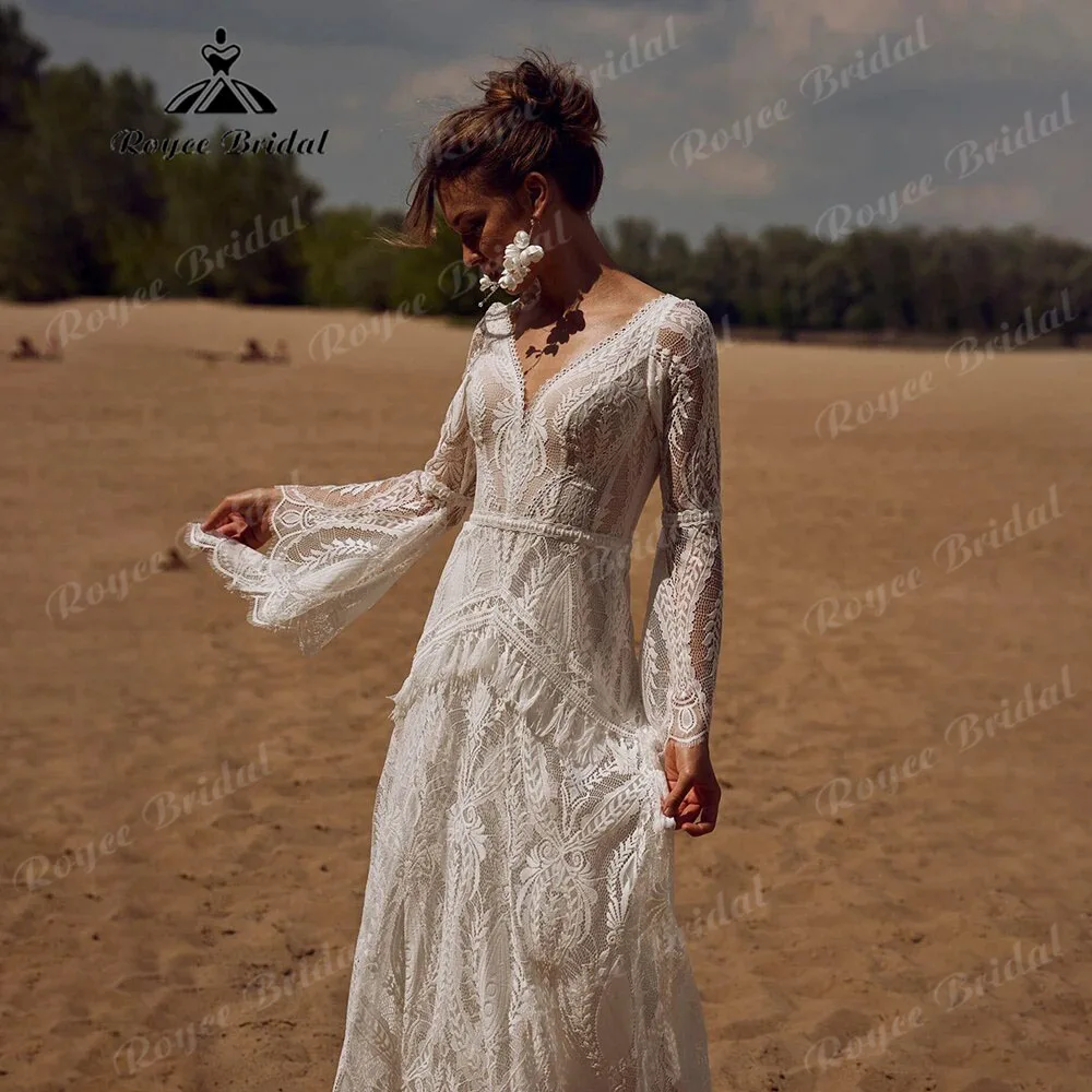 robe mariee boheme Abito da sposa a sirena a maniche lunghe in pizzo 2025 Boho Abito da sposa personalizzato per le donne abiti da novia sirena