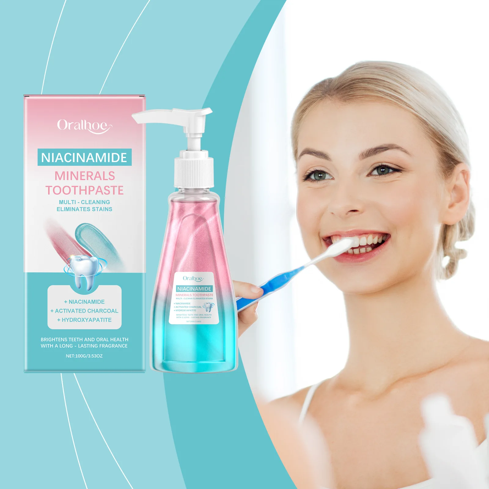 Oralhoe Niacinamide Press Pump Toothpaste Activated Charcoal Teeth Whitening Remove Stain Fresh Breath Oral Care Tooth Paste