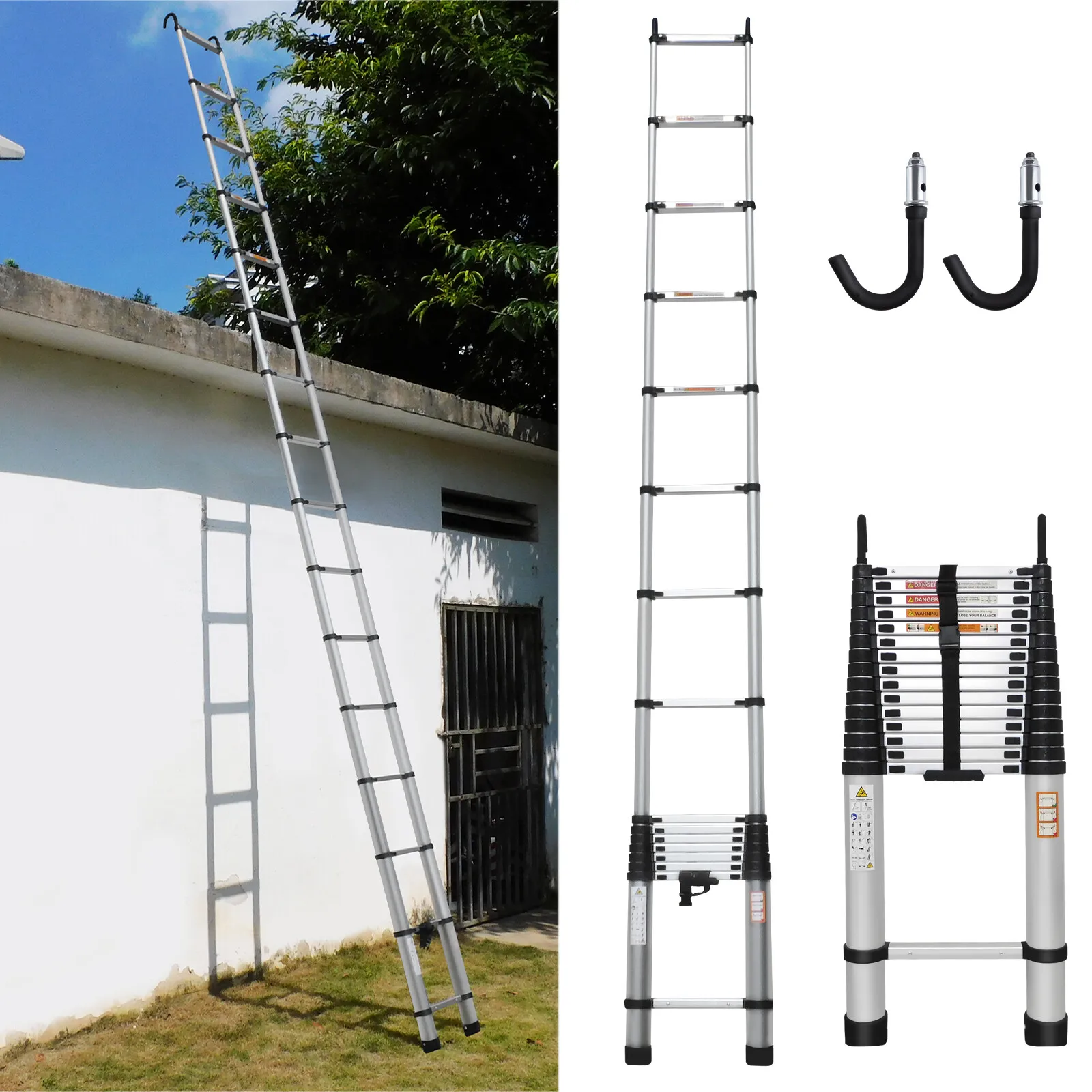 Échelle télescopique multifonction en aluminium de 6,2 m/20,3 pi avec crochets amovibles et marches extensibles, capacité de charge 150 kg, antidérapante, pour le nettoyage des fenêtres, la peinture