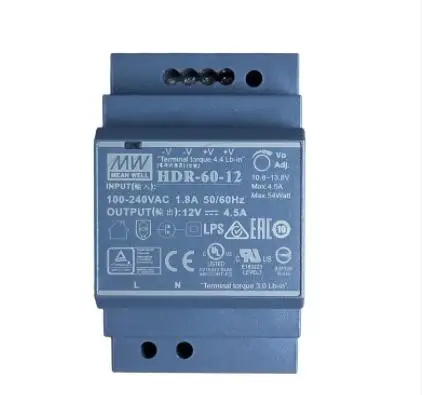 

DR-60-12 new model HDR-60-12 AC-DC Ultra slim DIN rail power supply; Input range 85-264VAC; Output 12VDC at 4.5A; Pass LPS