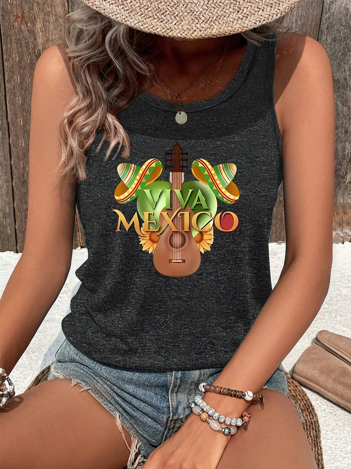 Viva Mexica Guitar Cowboy Hat Sunflower Summer Fashion Funny Sports Women's Tank Top Loose O Neck Sleeveless Casual Tank Top