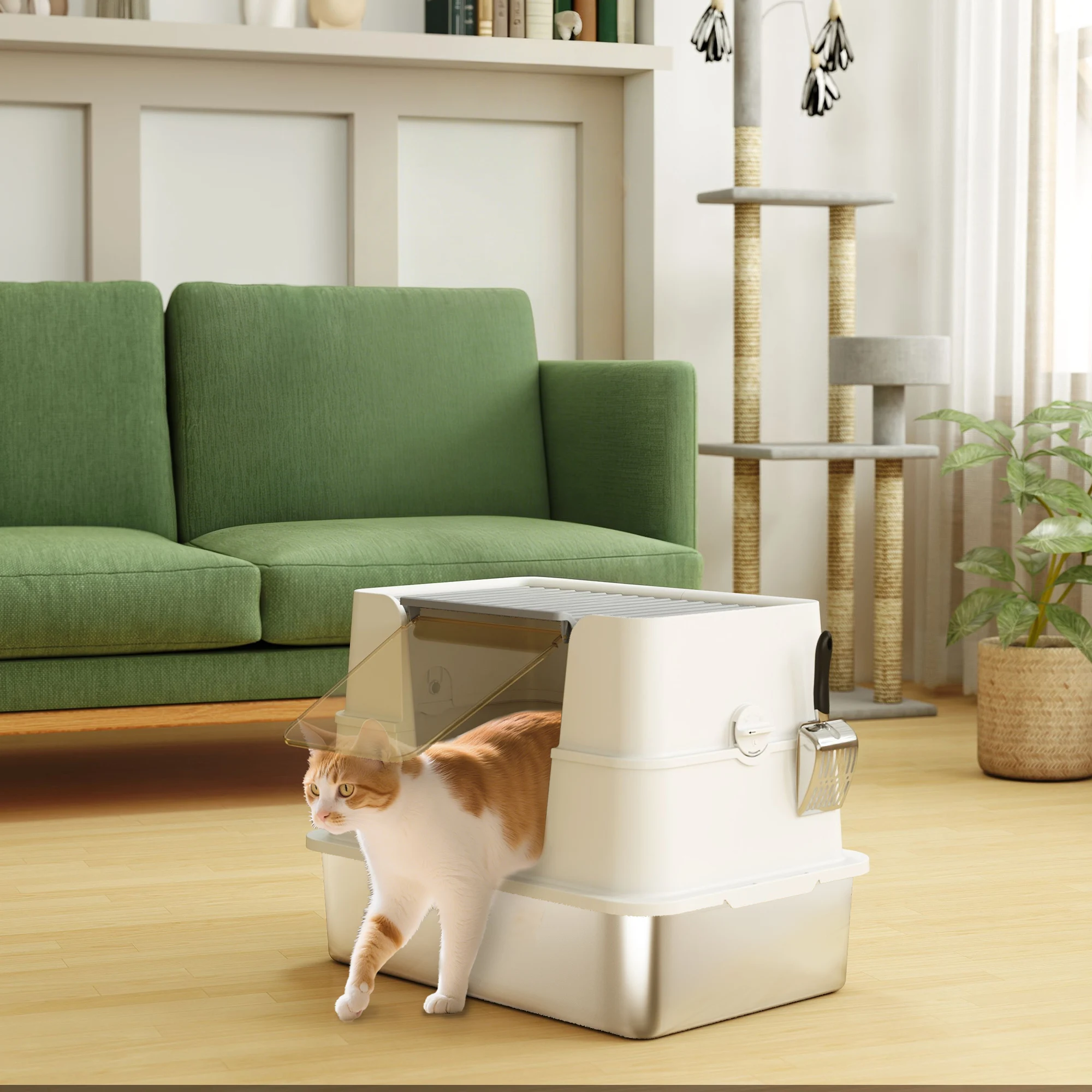 Geschlossene Katzentoilette, große Katzentoilette aus Edelstahl mit Einstieg von oben und Schaufel, Katzenzubehör für den Innenbereich