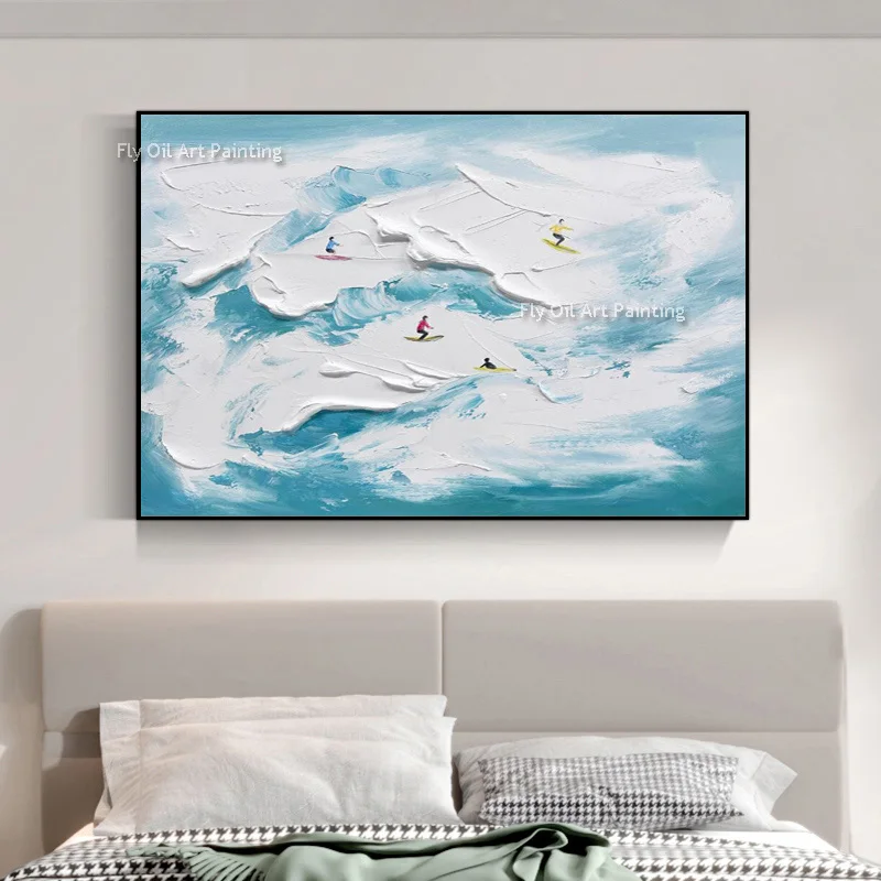 Beach Surfing Oil Painting On Canvas Hand-Painted Textured Waves Canvas Wall Art Large Ocean Palette Knife Artwork For Decor