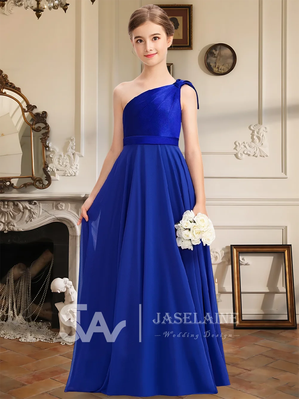 우아한 주니어 신부 들러리 드레스 새틴 한 어깨 바닥 길이 꽃의 소녀 드레스 라인 Pleated Bodice 웨딩 파티 가운