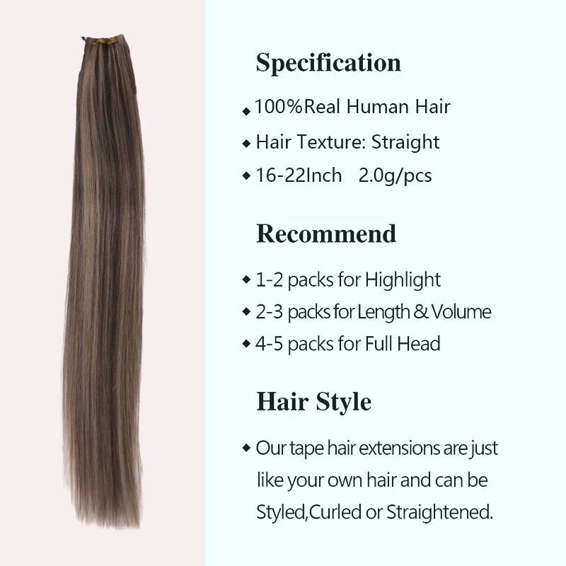 Straight Tape in Hair Extensions Human Hair Seamless Invisible Skin Weft European Remy Human Hair Thick and Soft 20pcs/pack