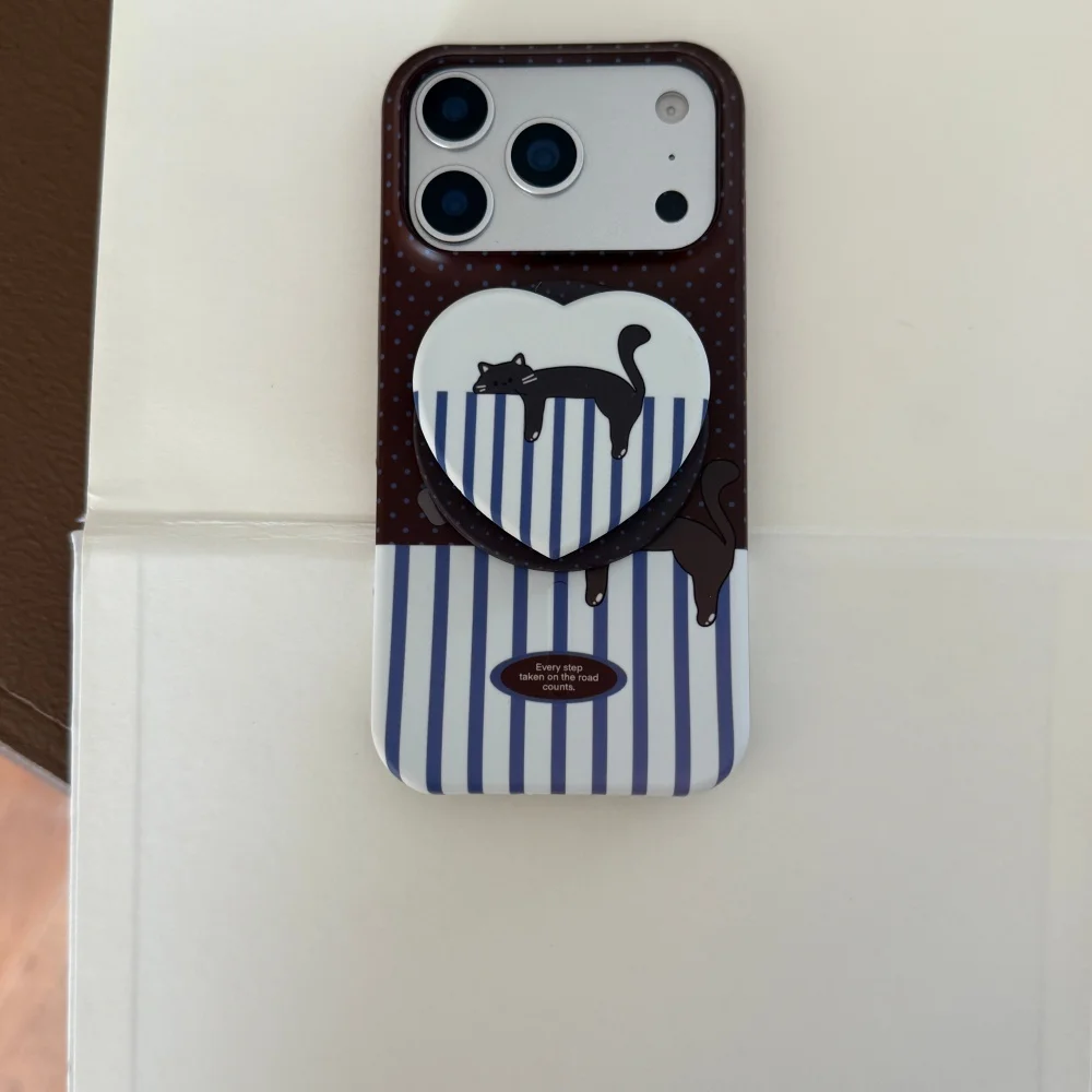 

Striped polka dot stitching cute cat love with magnetic holder mobile case,suitable for iPhone14/15/16/17ProMax,protective case