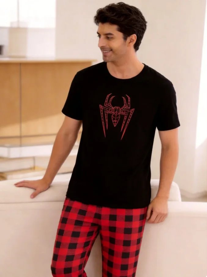 Men's Loungewear Set: Plaid and Spider Print Short-Sleeve Long Pants Loungewear, 1 Top + 1 Pair of Pants, Suitable for Cool Weather