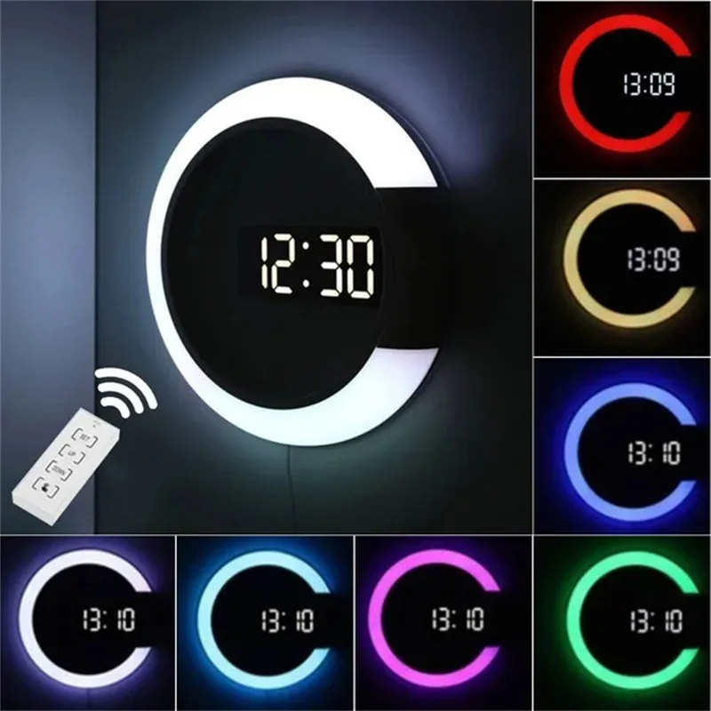 

7 Colors LED Wall Clocks Thermometer Remote Control Colorful Creative LED Mirror Wall Clock Ring Light Digit Clock Home Decor