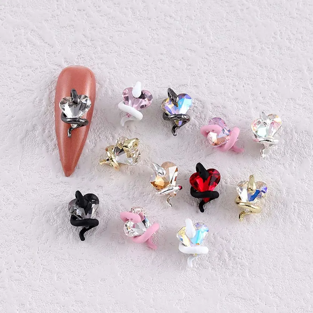 10Pcs Snake Hover Crooked Heart Nail Art Charms 3D Alloy Snake Twists Around Crystal Nail Decoration Luxury DIY Nail Accessories
