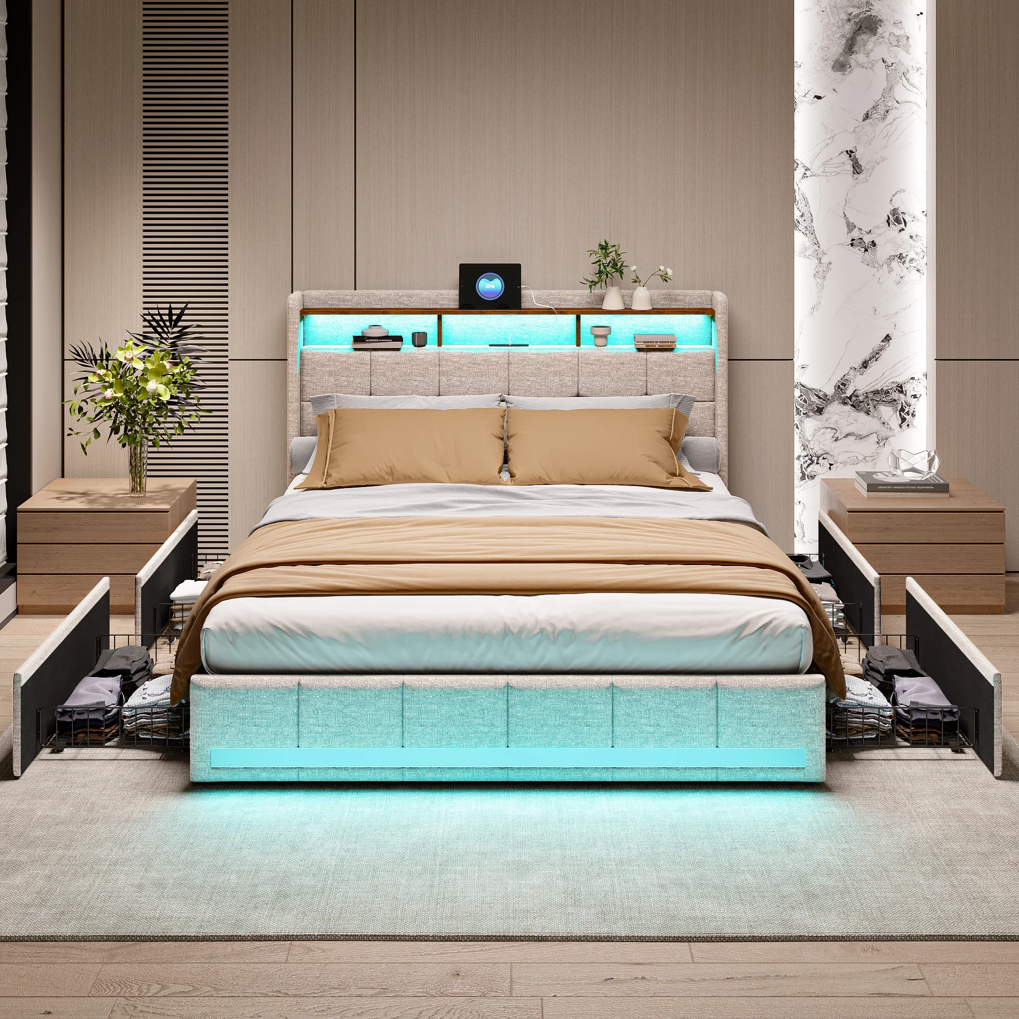 140x190 cm Cadre de Lit Double, 4 Tiroirs de Rangement, Lumières LED, Station de Charge, Lit Rembourré avec Sommier à Lattes