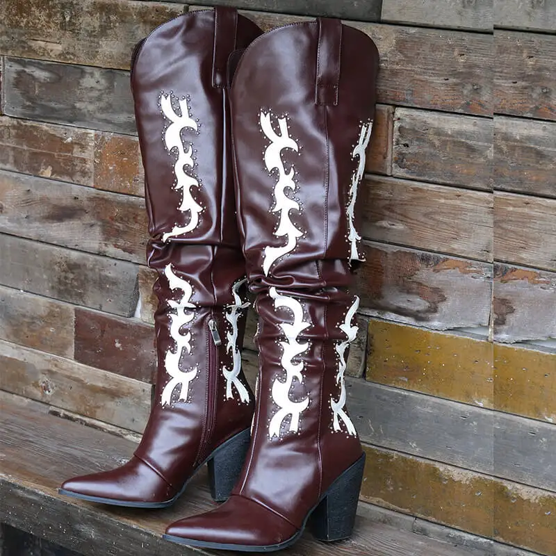 

Onlymaker Women Embroidery Over the Knee High Heel Boots Side Zipper Studded Slouch Wide calf Cowgirl Embroidered Western Boots