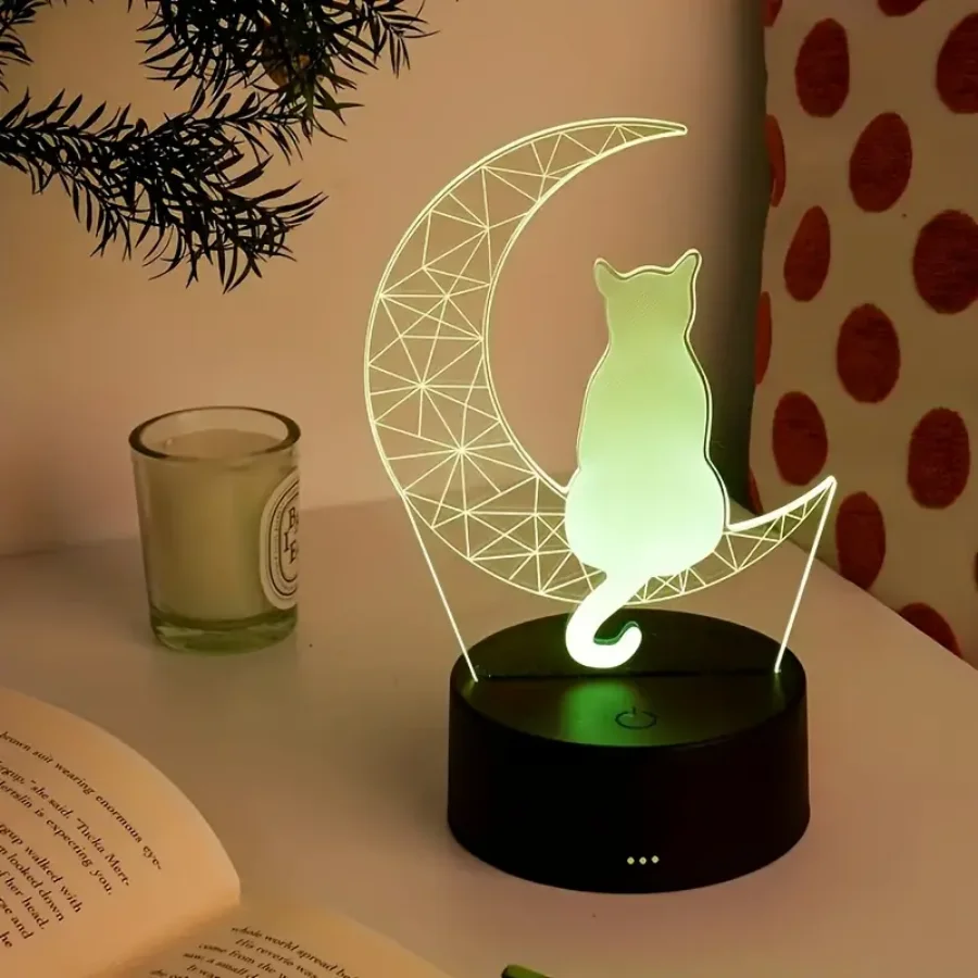 3D moon cat night light, bedside warm night light, room and living room workbench atmosphere light, holiday gifts.