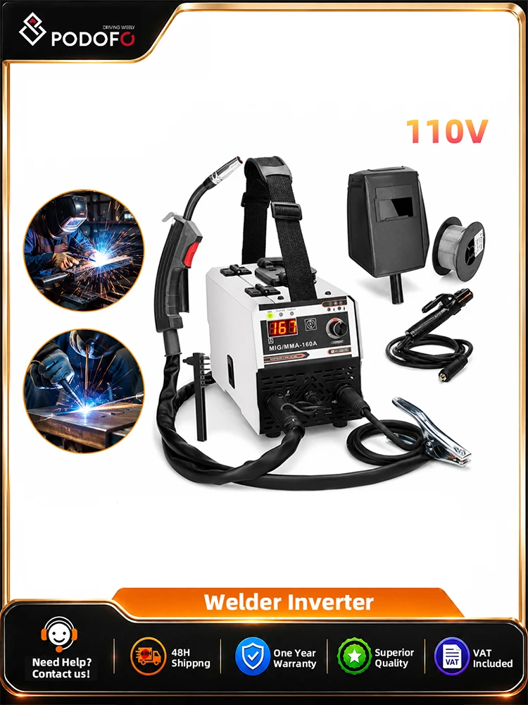 Podofo 2-in-1 MIG MMA Schweißgerät 220V Tragbarer Gasloser Schweißer IGBT DC Inverter-Schweißgerät Kontakt-Schweißgerät Gasfreier Lichtbogenschweißer LED Digital-Display Schweißmaschine