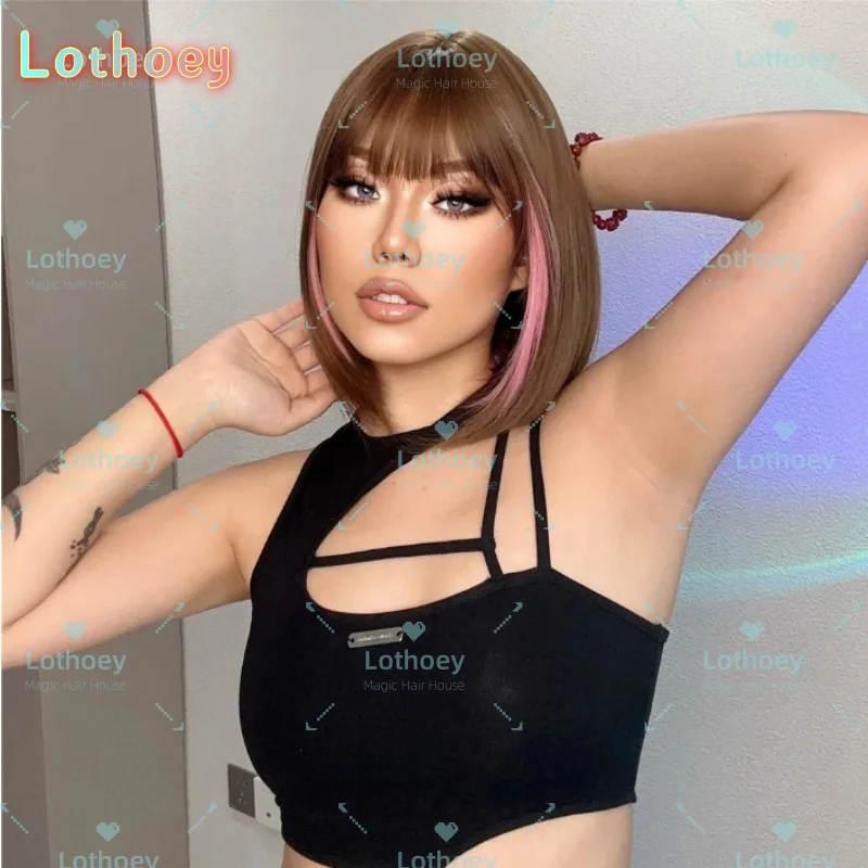 Короткий золотисто-коричневый крючок для ушей, розовый парик из натуральных волос, парик с челкой BOB, популярный цвет, подходит для вечеринки, жизненная сила, специальная цена